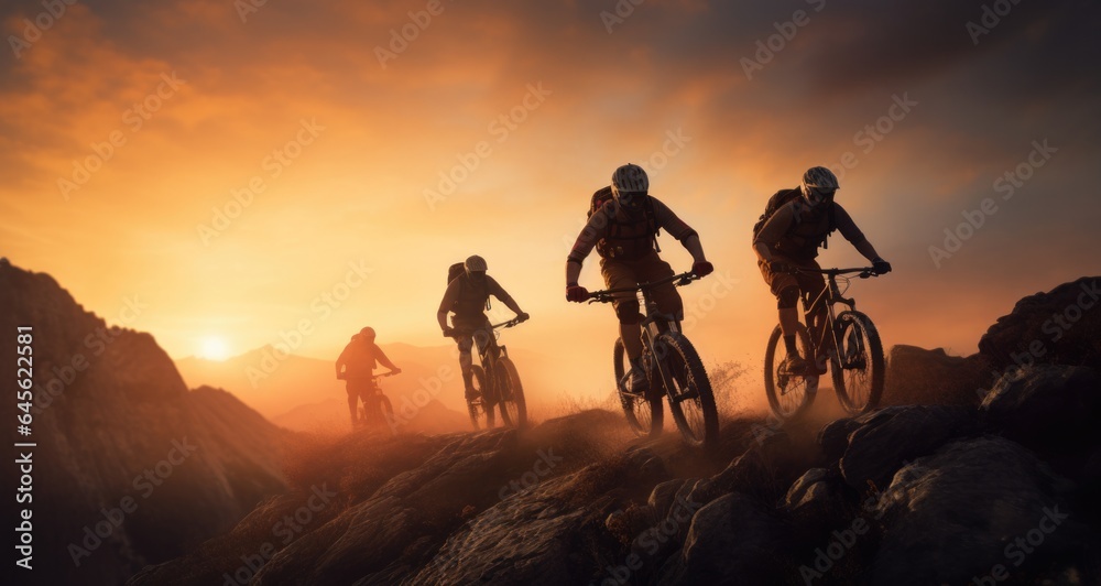 A team of mountain bikers biking on the mountain, fog, smoke, silhouette, orange light, very beautiful. A team of mountain bikers biking on the mountain, fog, smoke, silhouette, orange light, very beautiful.