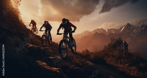 A team of mountain bikers biking on the mountain, fog, smoke, silhouette, orange light, very beautiful.
