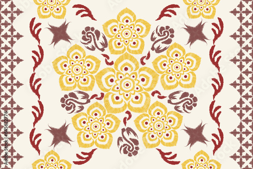 Floral Ikat pattern embroidery vector illustration. Blue motifs traditional ikat design seamless. Golden yellow Floral pattern on white background. Ikat ethnic oriental seamless pattern traditional.