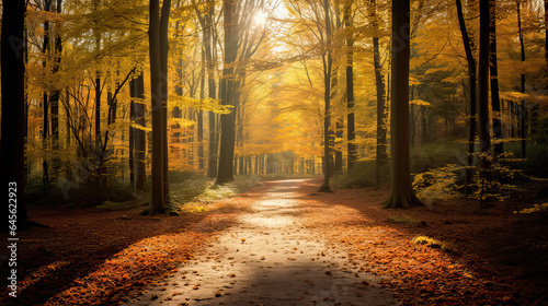Sunlit forest path covered in autumn leaves. AI generative