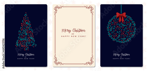Vector set of modern cards for congratulations on the Christmas holidays.