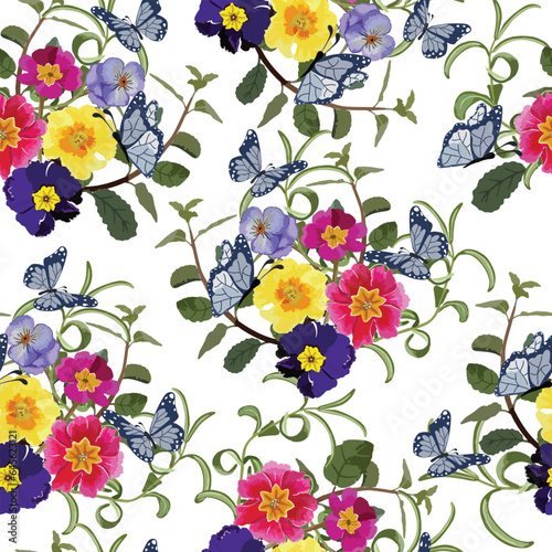 Watercolor flower bouquet and butterfly seamless pattern