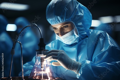 Science, medicine, technology, chemistry and people concept - close up of doctor scientist or laboratory assistant working with microscope in clinical laboratory