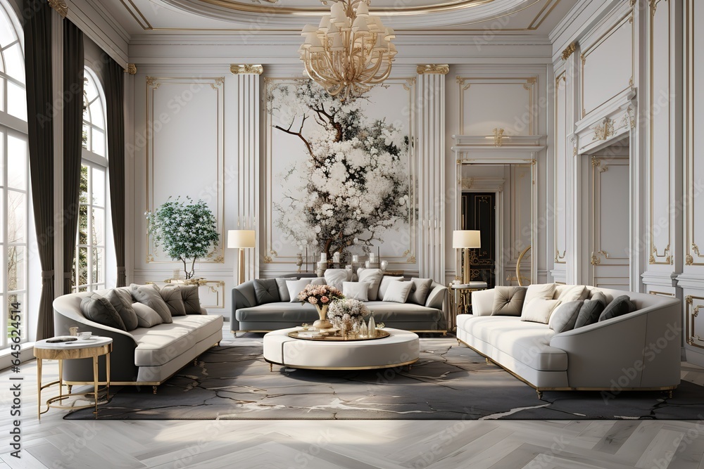 Sleek Living Room Sanctuary with Designer Furniture, High Ceilings, and Elegant Decorative Accents..