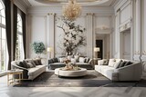 Sleek Living Room Sanctuary with Designer Furniture, High Ceilings, and Elegant Decorative Accents..