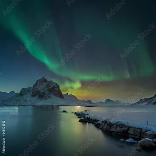 Aurora borealis and beach in Lofoten islands, Norway.AI generated © Ammad