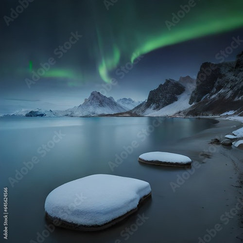 Aurora borealis and beach in Lofoten islands, Norway.AI generated