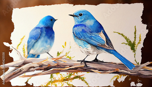 Abstract Watercolor Oil Painting of Two Mountain Blue Birds Sitting On The Tree Branches White Canvas © Image Lounge