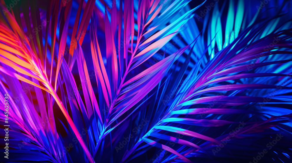 Tropical Summer, Palm Leaves Neon Glow Background