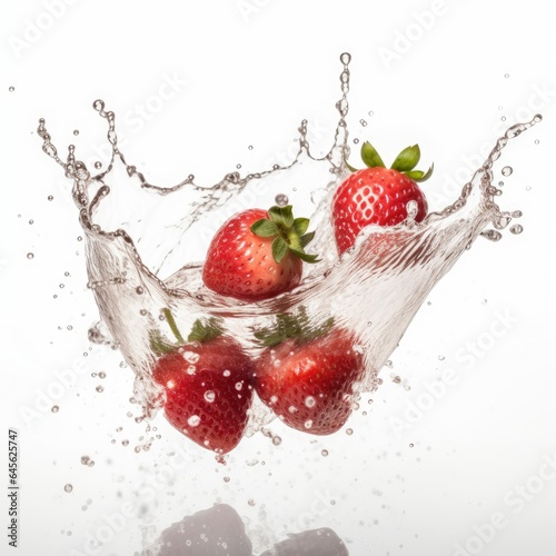 Strawberrys falling into water on white background