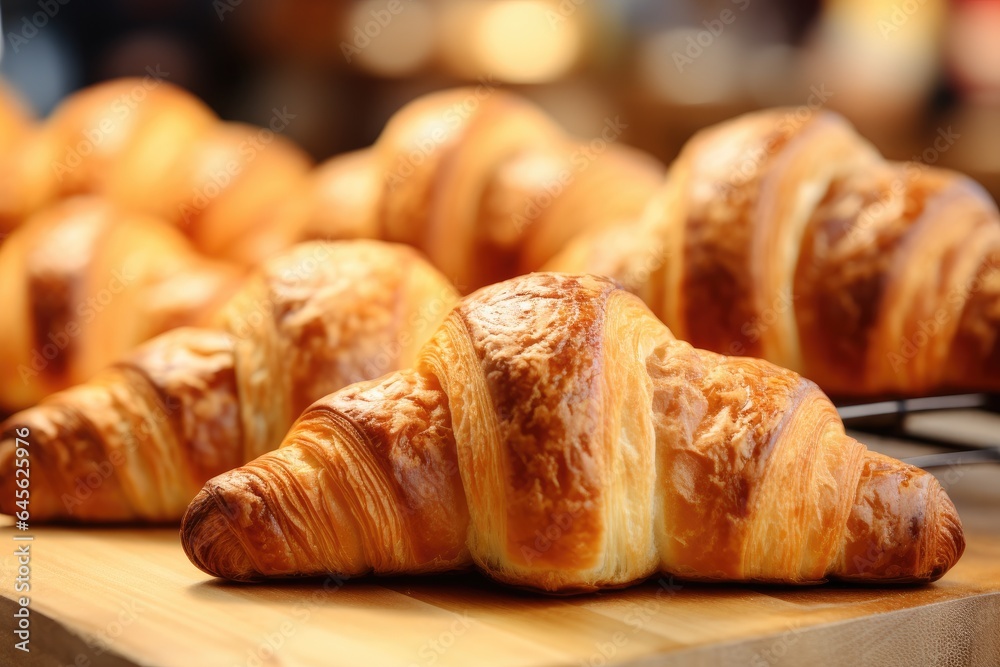 freshly baked croissants on blurred background (Generative AI) freshly baked croissants on blurred background (Generative AI)
