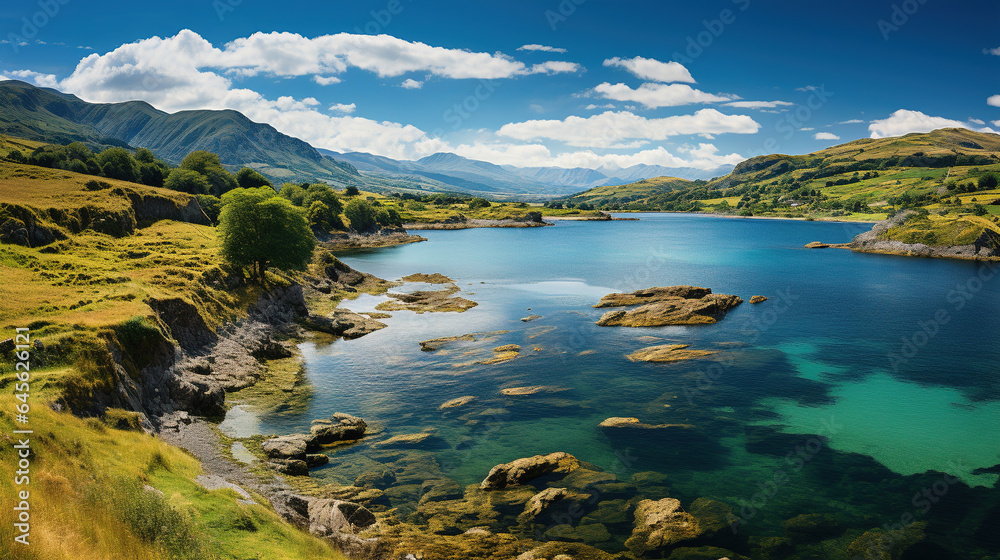 Obraz premium Beautiful River Flowing Between Green Mountains Under Blue Sky