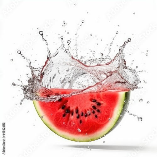 Watermelon slice in water splash on white background
