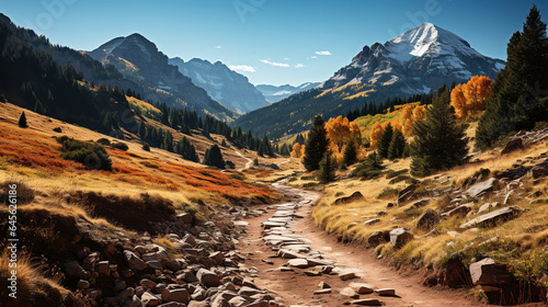 Dry Path of Mountains Autumn Trees Under Blue Sky