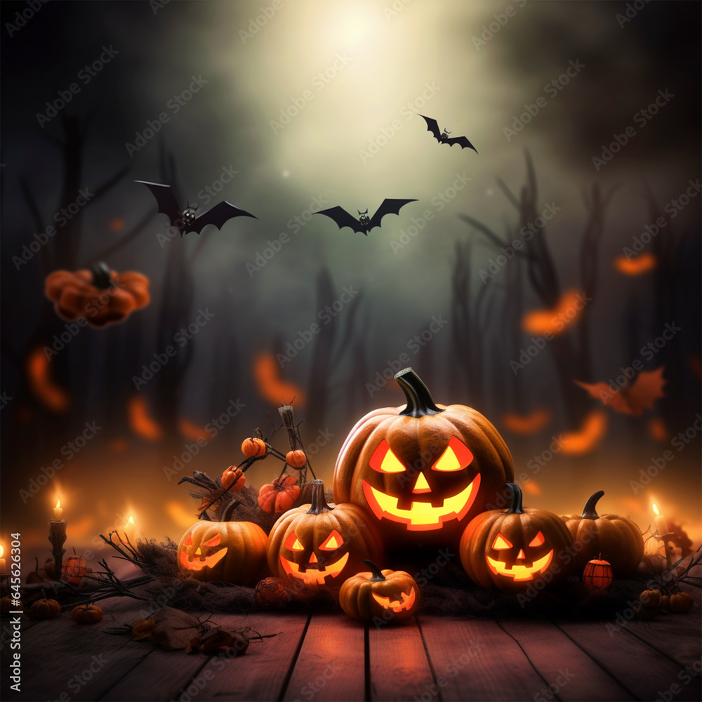 Happy Halloween spooky theme background with jack o lanterns - ai generative Happy Halloween spooky theme background with jack o lanterns - ai generative