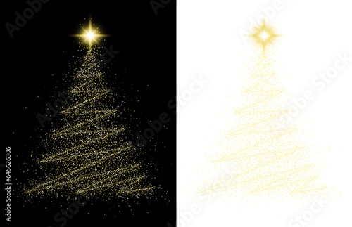 christmas tree with star sparkle particle yellow transparent background