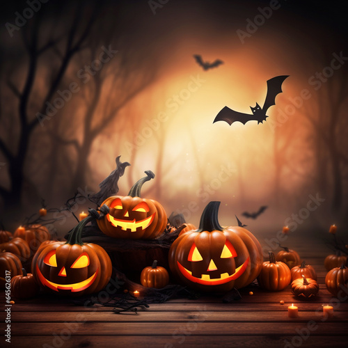 Happy Halloween spooky theme background with jack o lanterns - ai generative
