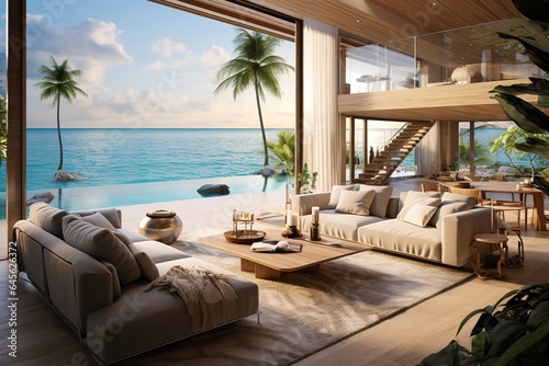 modern and luxurious open plan living room interior with sea views  beach vibes  tropical paradise  AI rendered