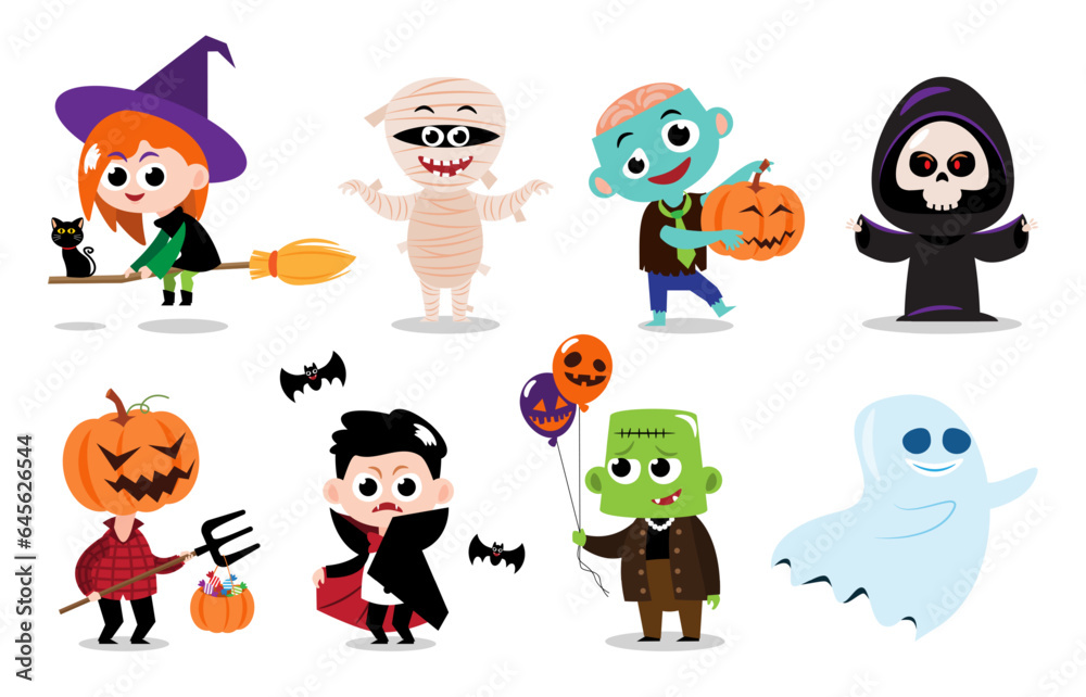 Cute halloween cartoon characters . White isolated background . Vector . Set 4 of 4 . Cute halloween cartoon characters . White isolated background . Vector . Set 4 of 4 .