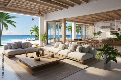 modern and luxurious open plan living room interior with sea views  beach vibes  tropical paradise  AI rendered