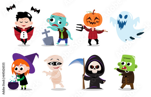 Cute halloween cartoon characters . White isolated background . Vector . Set 1 of 4 .