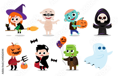 Fototapeta Naklejka Na Ścianę i Meble -  Cute halloween cartoon characters . White isolated background . Vector . Set 4 of 4 .