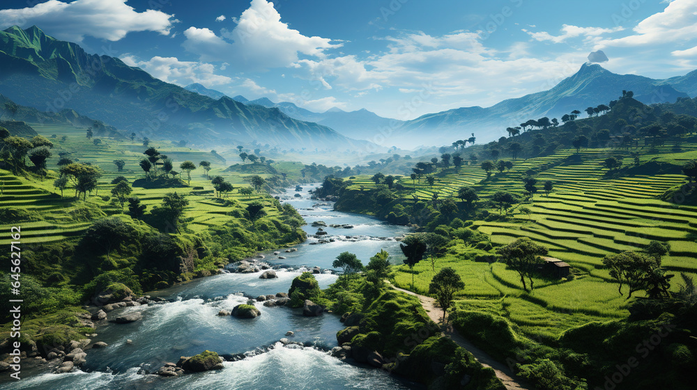 A Beautiful Village in Green Rice Fields the Terraces Bright Blue Sky and Curved River - obrazy, fototapety, plakaty 