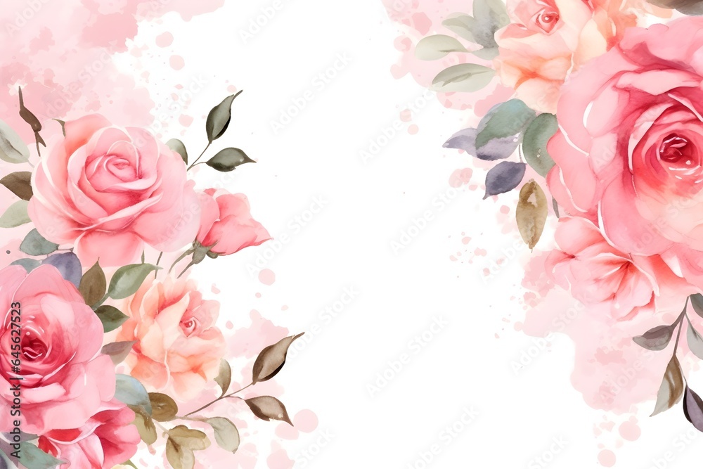Watercolor pink roses on white background, wedding invitation