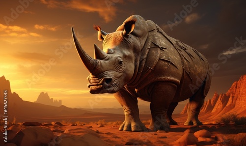 Photo of a majestic rhinoceros standing in the desert at sunset