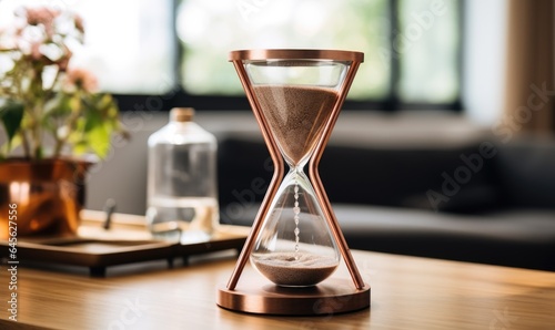 Photo of an hourglass on a wooden table, symbolizing the passing of time