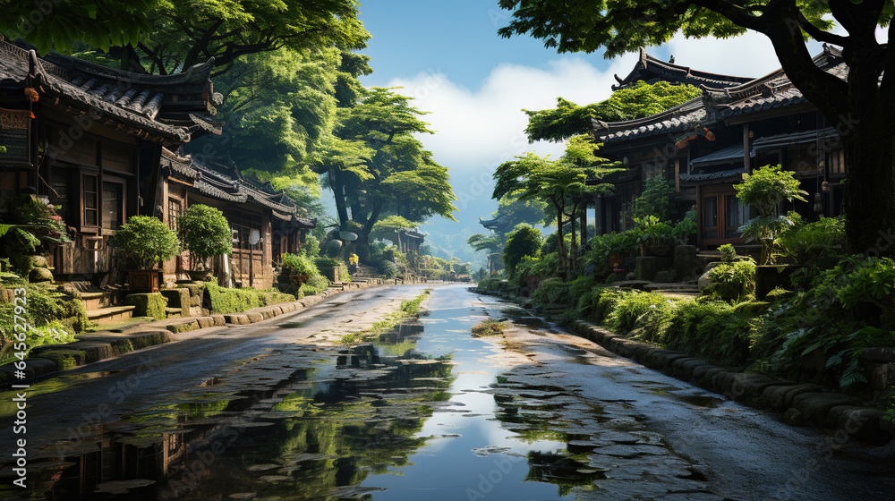 Stone Path of Chinese Ancient Village Foggy Mountains and Old Traditional Houses