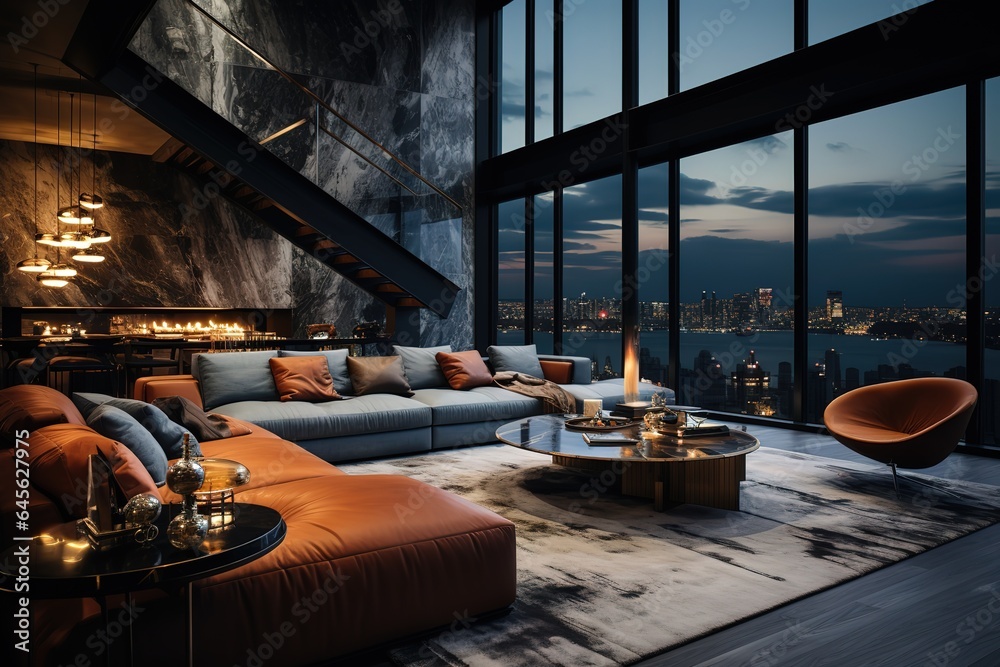 Futuristic penthouse smart home apartment: multiple luxurious furnishings symmetrical design - sofa bed, lively couch, cozy loveseat, television & coffee table in the stylish living room - obrazy, fototapety, plakaty 