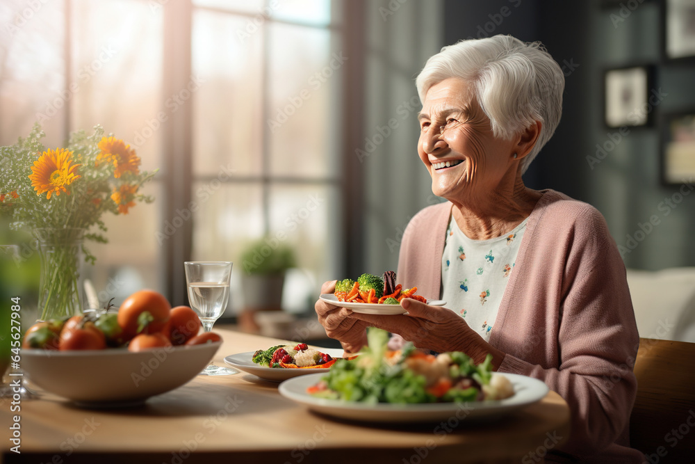 Senior woman in a retirement home, happily enjoying a healthy lunch, showcasing a lifestyle of well-being and contentment Senior woman in a retirement home, happily enjoying a healthy lunch, showcasing a lifestyle of well-being and contentment