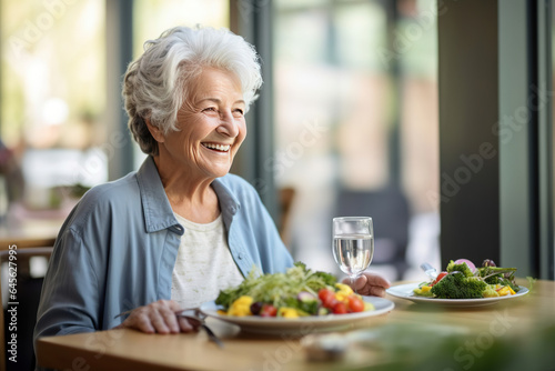 Senior woman in a retirement home, happily enjoying a healthy lunch, showcasing a lifestyle of well-being and contentment