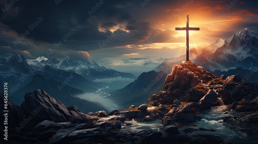 Krzyż Chrystusa na szczycie góry. Promienie słońca padają z nieba na krzyż Jezusa.  - obrazy, fototapety, plakaty 