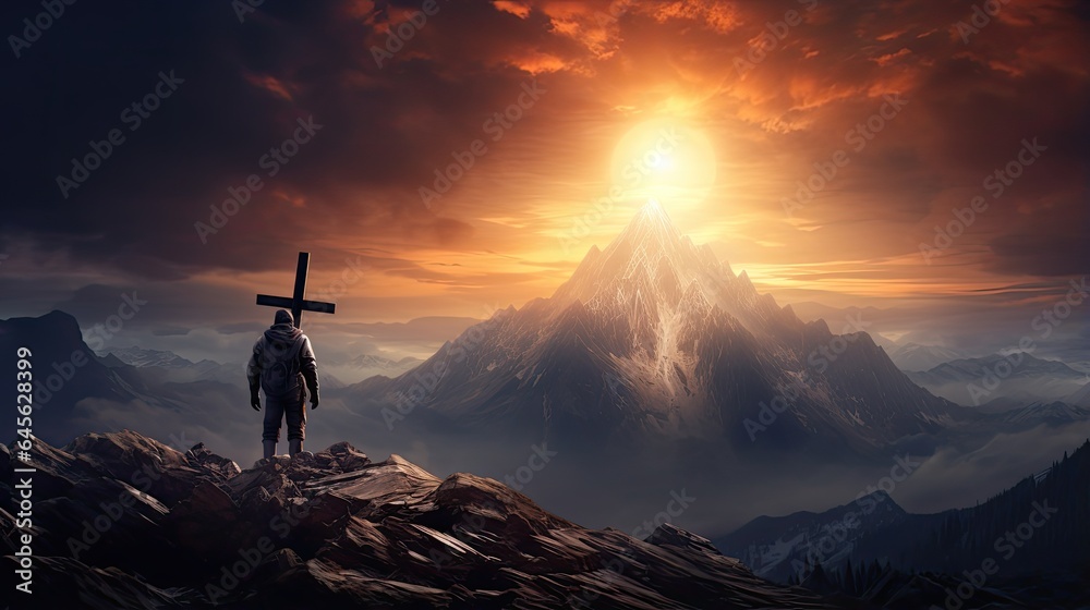 Obraz na płótnie Krzyż Chrystusa na szczycie góry. Promienie słońca padają z nieba na krzyż Jezusa.  w salonie