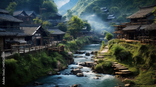 Beautiful Village in China Mountain Scenery with a Flowing River and a Group of Wood Houses