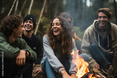 Joyous group of millennials laughing and bonding around a campfire, embodying friendship and fun during a wilderness camping adventure