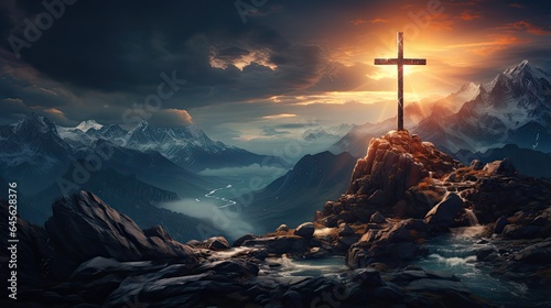 Krzyż Chrystusa na szczycie góry. Promienie słońca padają z nieba na krzyż Jezusa.  © Bear Boy 