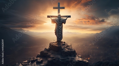 Krzyż Chrystusa na szczycie góry. Promienie słońca padają z nieba na krzyż Jezusa. 