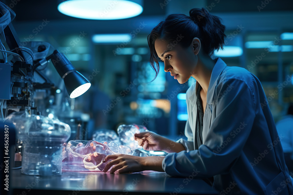 Expert female microbiologist scrutinizes medical samples using modern microscope in a tech-driven lab, driving breakthroughs in healthcare innovation - obrazy, fototapety, plakaty 