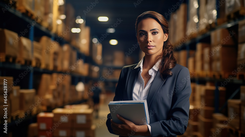 Confident businesswoman standing with clipboard in distribution warehouse Confident businesswoman standing with clipboard in distribution warehouse