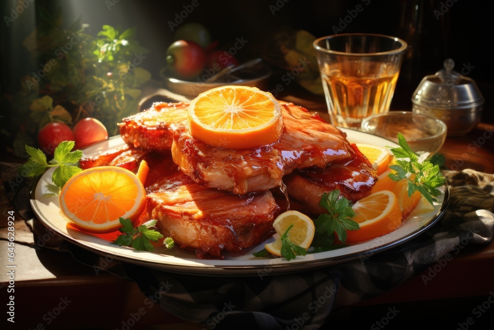 Feast your eyes on a plate of succulent glazed ham, glistening with flavorful goodness.