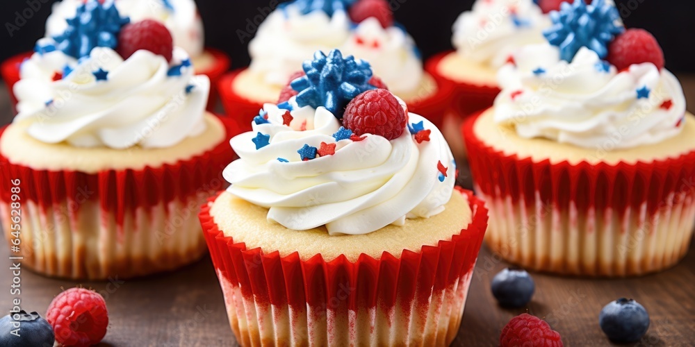 A table topped with cupcakes covered in red, white and blue frosting. Fictional image. Patriotic dessert in red, white and blue.