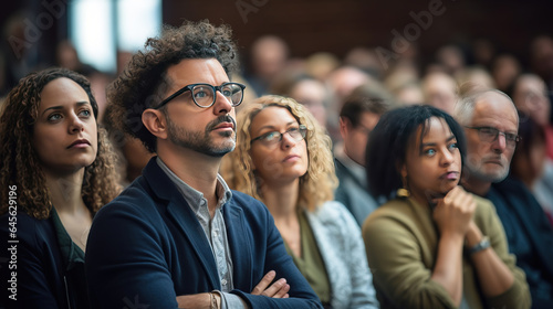 Engaged conference attendees attentively listening to captivating speaker,