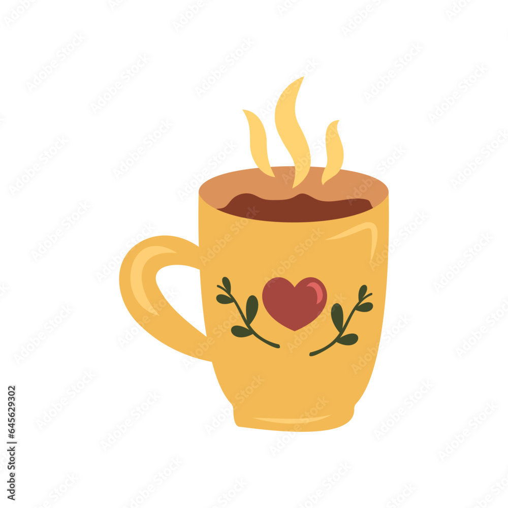 Cup with tea or coffee. Different ornaments. Flowers, berries, etc Cozy vector illustration. Cartoon style. Flat design. Autumn or winter drink