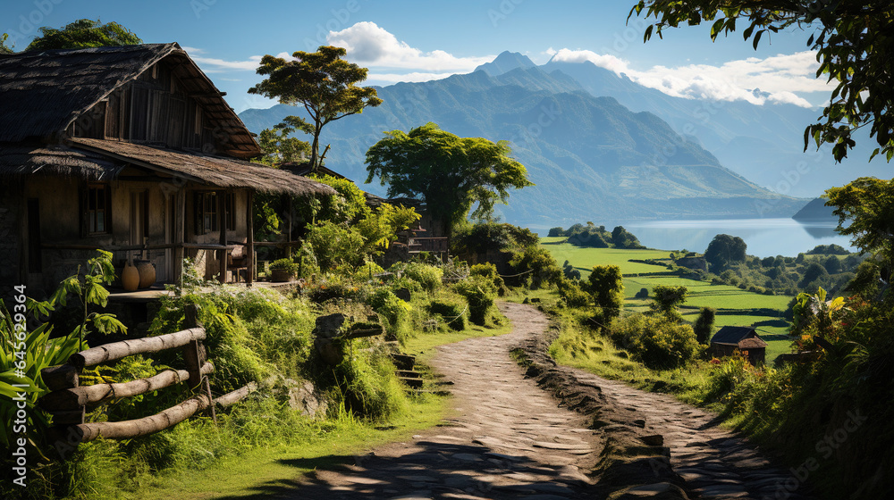 Mud Path of Chinese Ancient Village Foggy Mountains and Old Traditional Houses Mud Path of Chinese Ancient Village Foggy Mountains and Old Traditional Houses