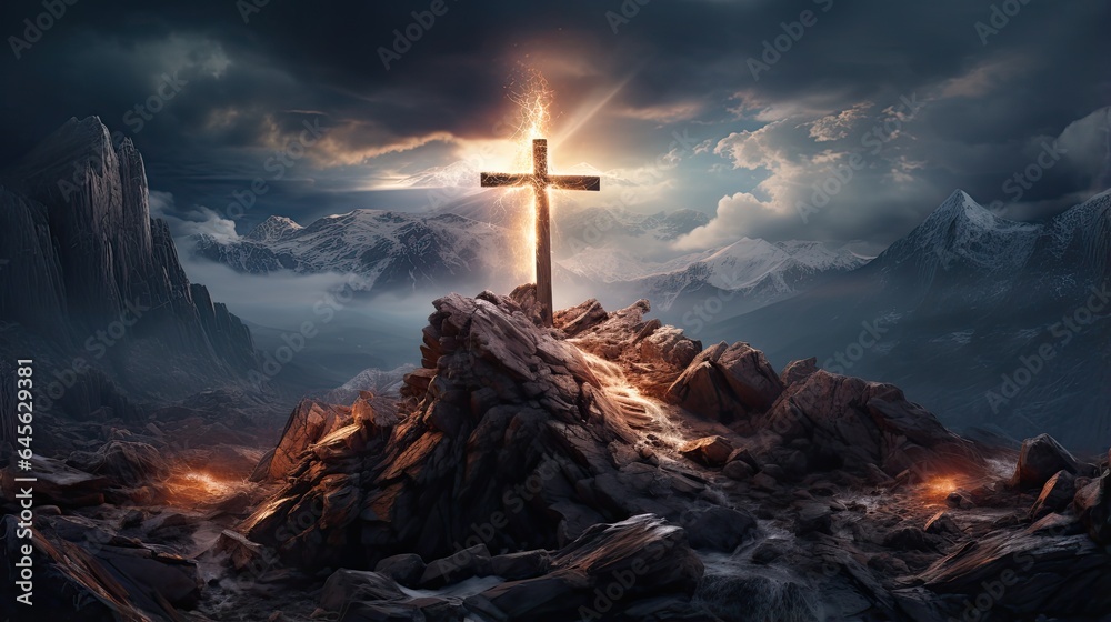 Obraz na płótnie Świecący krzyż na wzgórzu   w salonie