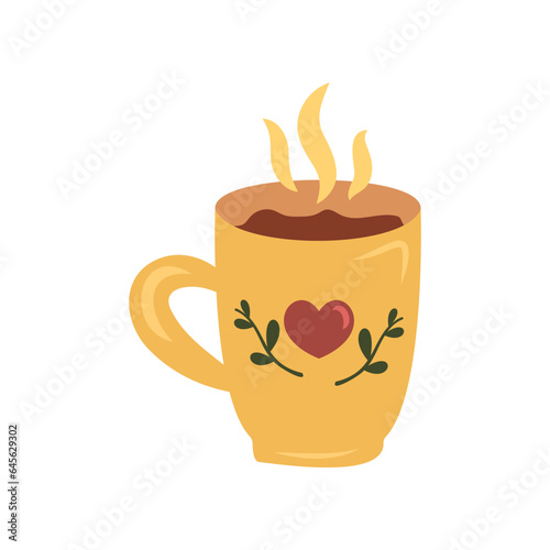 Cup with tea or coffee. Different ornaments. Flowers  berries  etc Cozy vector illustration. Cartoon style. Flat design. Autumn or winter drink