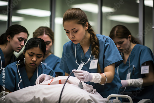 a group of student nurses immersed in training at college, medical colleagues